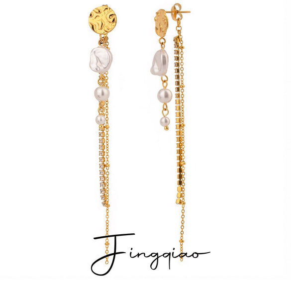 Women's Stainless Steel Geometric Pearl White Zircon Claw Chain Hammer Grain Disc Tassel Earrings With Electroplating