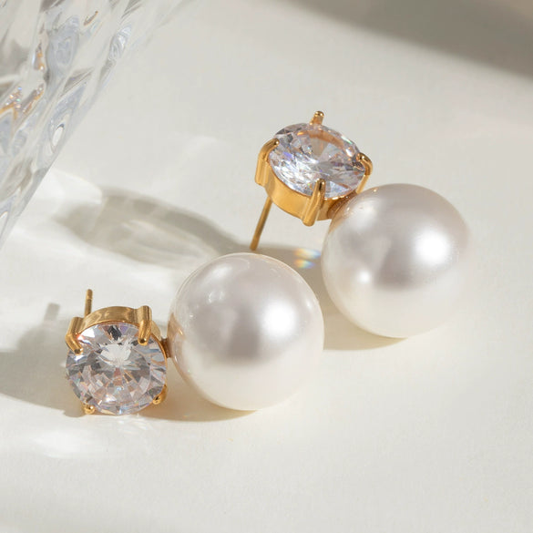 Women's Stainless Steel Geometric Pearl Zircon Earrings With Electroplating