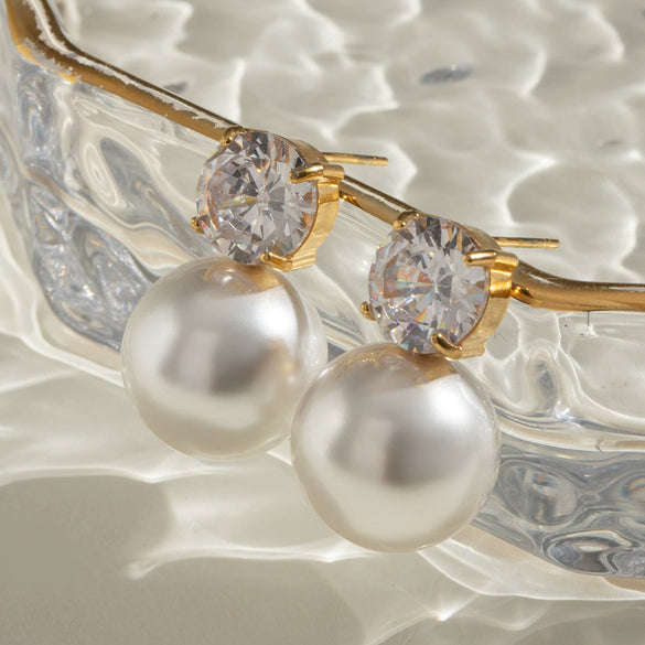Women's Stainless Steel Geometric Pearl Zircon Earrings With Electroplating