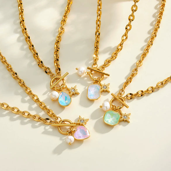 Women's Stainless Steel Geometric Pendant Necklace With Rhinestone And Pearl Accents 18K Vacuum Plated Regular Chain