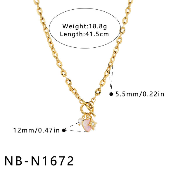 Women's Stainless Steel Geometric Pendant Necklace With Rhinestone And Pearl Accents 18K Vacuum Plated Regular Chain