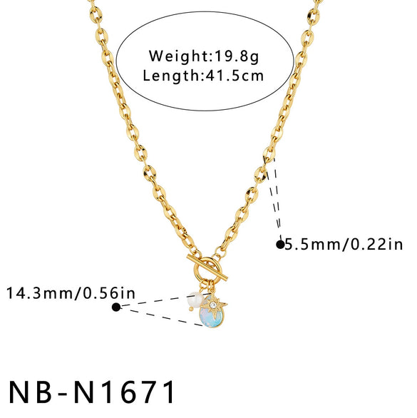 Women's Stainless Steel Geometric Pendant Necklace With Rhinestone And Pearl Accents 18K Vacuum Plated Regular Chain