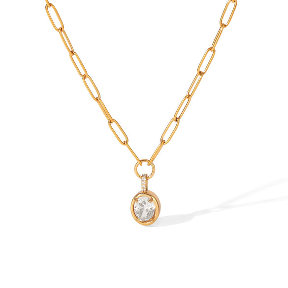 Women's Stainless Steel Geometric Pendant Necklace With Zircon Pvd Real Gold Plated Non Fading Stackable Metal Chain Jewelry