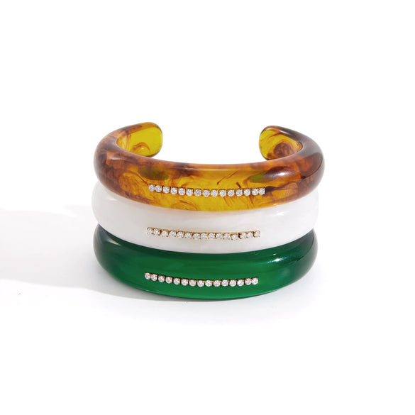 Women’s Stainless Steel Geometric Plated Bangle Bracelet With Acrylic Resin And Diamond Accents