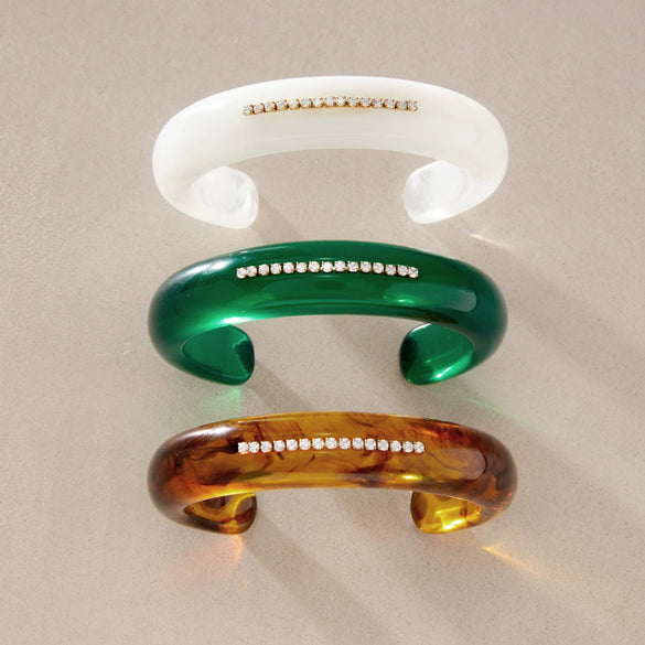 Women’s Stainless Steel Geometric Plated Bangle Bracelet With Acrylic Resin And Diamond Accents