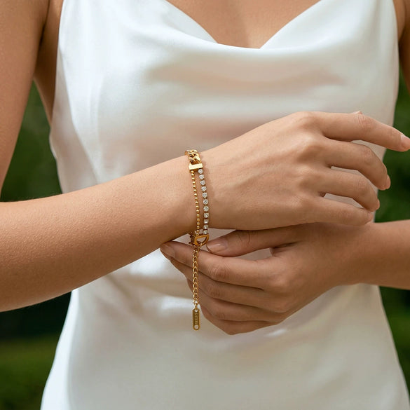 Women's Stainless Steel Geometric Rhinestone Multi Chain Stackable Bracelet With 18K Vacuum Plating