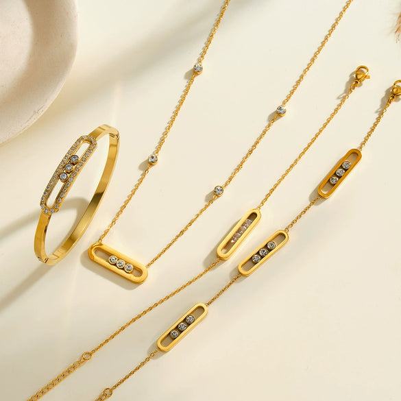 Women's Stainless Steel Geometric Rhinestone Necklace Bracelet And Bangle Set With 18K Vacuum Plated Finish