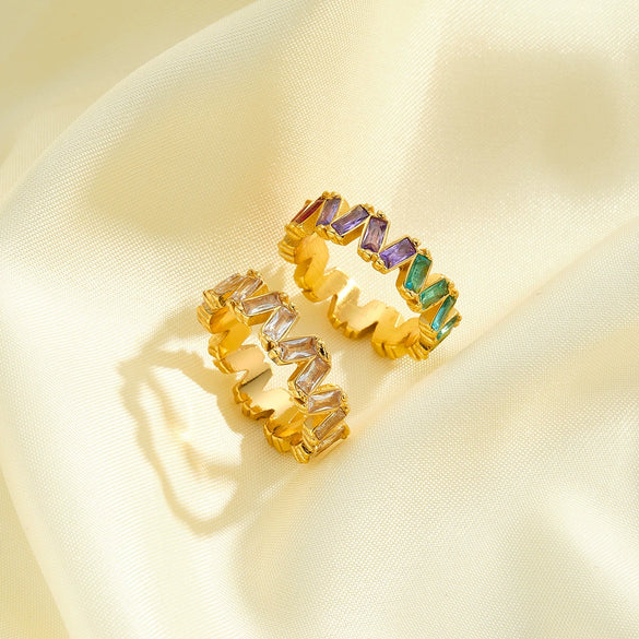 Women's Stainless Steel Geometric Ring With Colorful Zircon And 18K Vacuum Plated Finish Simple Fashion Jewelry
