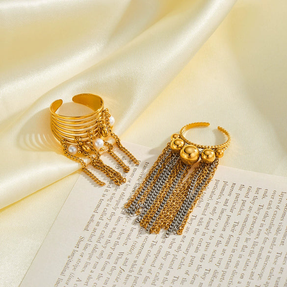 Women's Stainless Steel Geometric Ring With Rhinestone Accents Tassel Detail And 18K Vacuum Plated Non Fading Finish