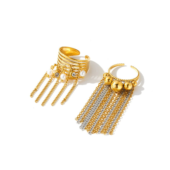 Women's Stainless Steel Geometric Ring With Rhinestone Accents Tassel Detail And 18K Vacuum Plated Non Fading Finish