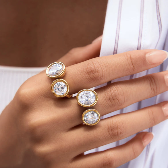 Women's Stainless Steel Geometric Ring With Ribbed Edge Hypoallergenic Pvd Vacuum Gold Plated High End Jewelry Accessory