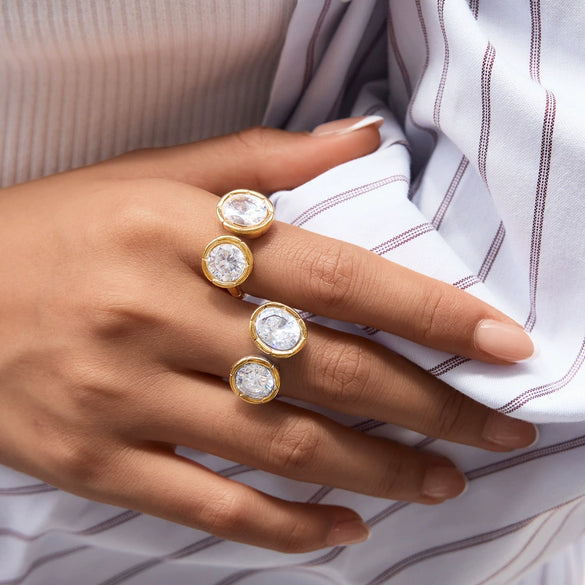 Women's Stainless Steel Geometric Ring With Ribbed Edge Hypoallergenic Pvd Vacuum Gold Plated High End Jewelry Accessory
