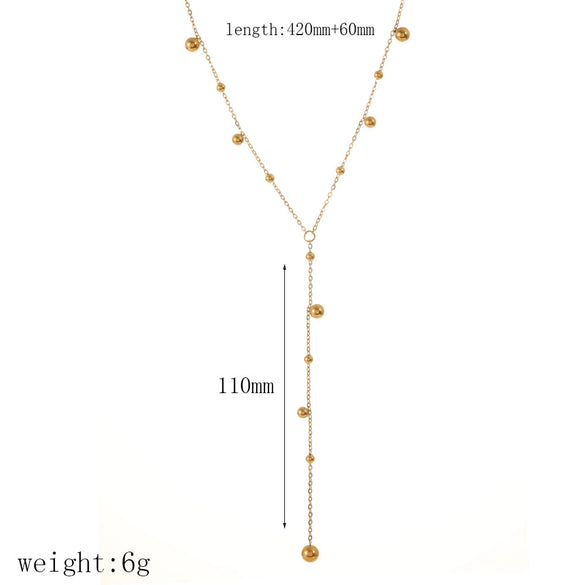 Women's Stainless Steel Geometric Round Bead Tassel Necklace With Encrusted Zircon And Ball Chain 18K Gold Plated