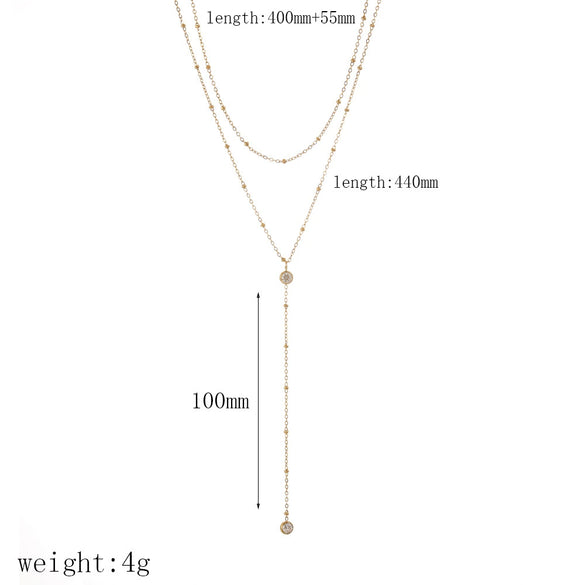 Women's Stainless Steel Geometric Round Bead Tassel Necklace With Encrusted Zircon And Ball Chain 18K Gold Plated