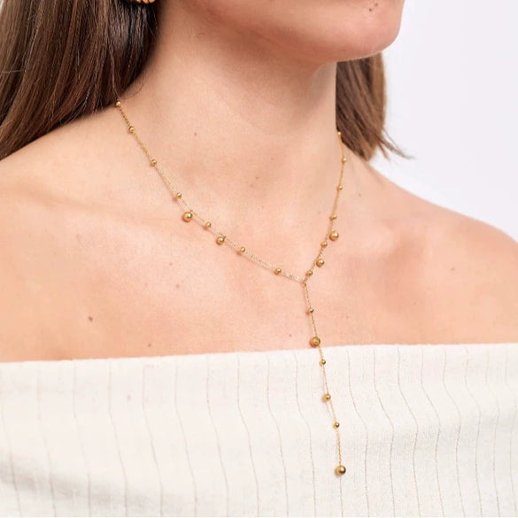 Women's Stainless Steel Geometric Round Bead Tassel Necklace With Encrusted Zircon And Ball Chain 18K Gold Plated