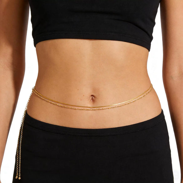 Women's Stainless Steel Geometric Round Bead Waist Chain Adjustable Double Layer Fine Chain Tassel Body Jewelry With Electroplated Finish