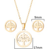 Women's Stainless Steel Geometric Round Pendant Necklace And Earring Set With Plant Motif And Electroplated Finish