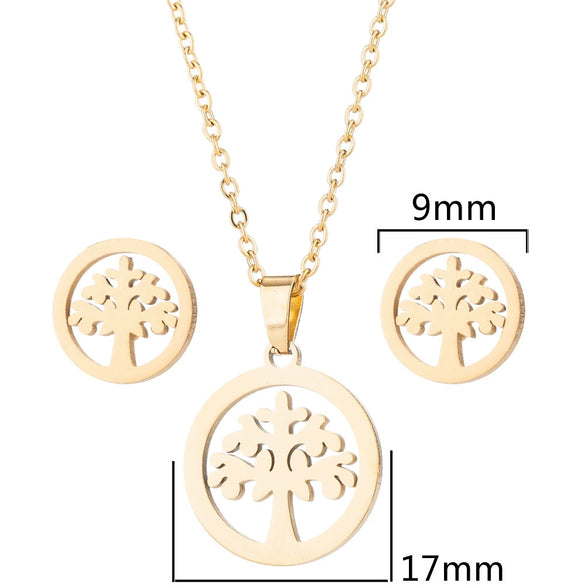 Women's Stainless Steel Geometric Round Pendant Necklace And Earring Set With Plant Motif And Electroplated Finish