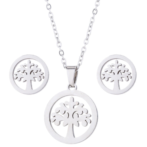 Women's Stainless Steel Geometric Round Pendant Necklace And Earring Set With Plant Motif And Electroplated Finish