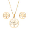 Women's Stainless Steel Geometric Round Pendant Necklace And Earring Set With Plant Motif And Electroplated Finish