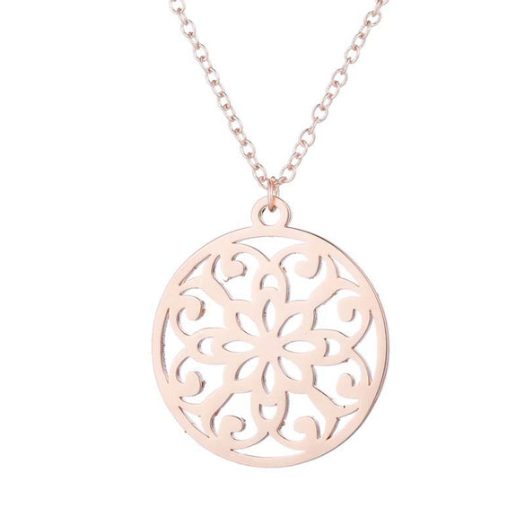 Women's Stainless Steel Geometric Round Pendant Necklace With Cut Out Flower Stamen Design And Electroplated O Chain