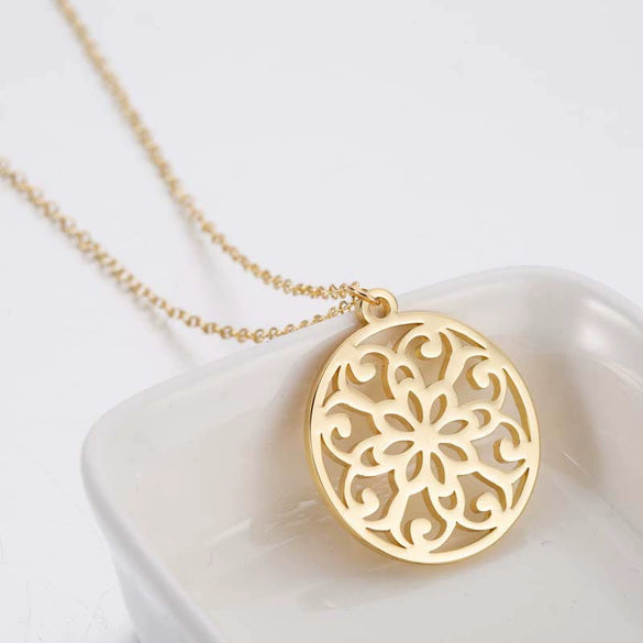 Women's Stainless Steel Geometric Round Pendant Necklace With Cut Out Flower Stamen Design And Electroplated O Chain