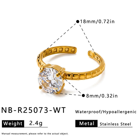 Women's Stainless Steel Geometric Round Ring With Zircon Setting And Adjustable Open Band Minimalist Plated Jewelry Wholesale