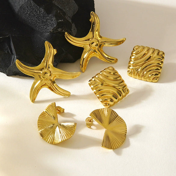 Women's Stainless Steel Geometric Square And Starfish Irregular Earrings With Electroplated Light Luxury Design