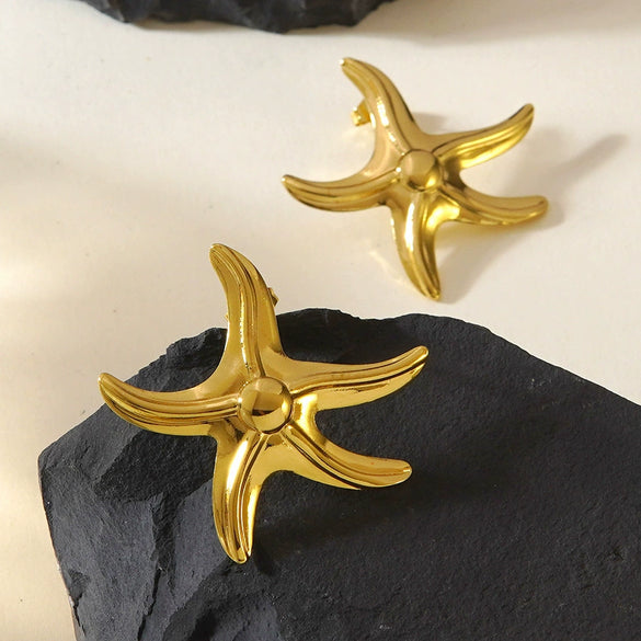 Women's Stainless Steel Geometric Square And Starfish Irregular Earrings With Electroplated Light Luxury Design