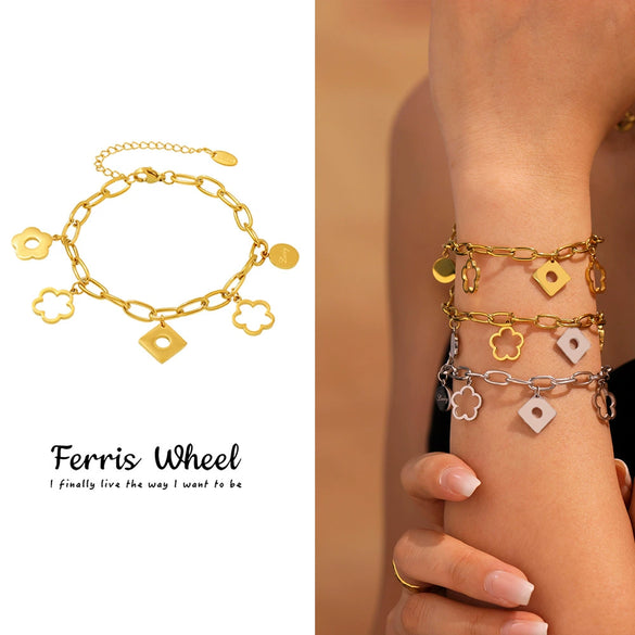 Women's Stainless Steel Geometric Square Ferris Wheel Flower Bracelet Plated 18K Real Gold Fashion Decoration