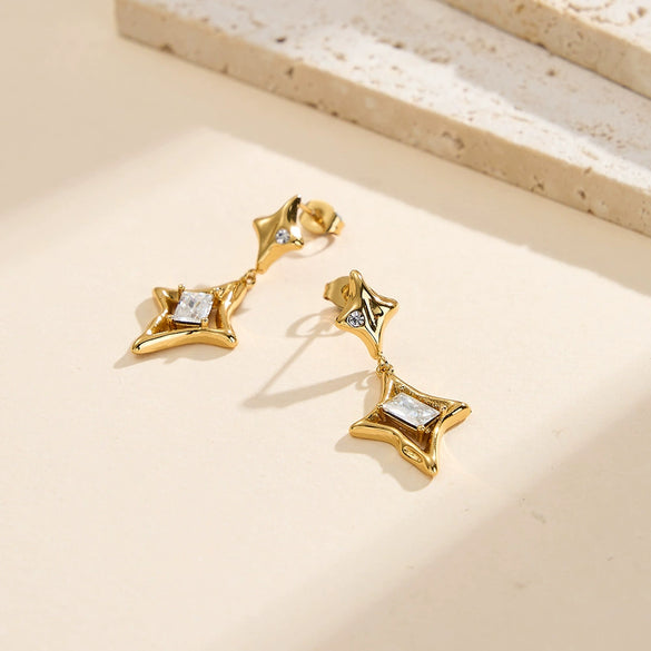 Women's Stainless Steel Geometric Star Earrings With Vacuum Real Gold Plating In Pvd Furnace