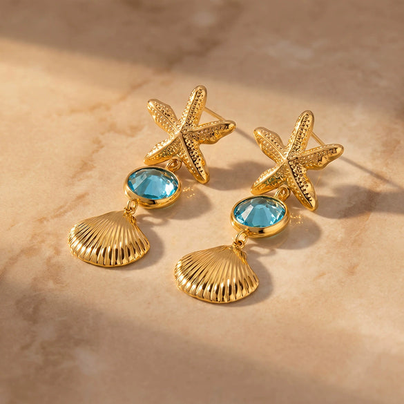Women's Stainless Steel Geometric Stud Earrings With Starfish And Seashell Motifs Electroplated Trendy Beach Style Jewelry