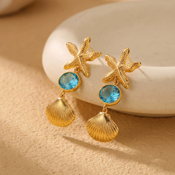 Women's Stainless Steel Geometric Stud Earrings With Starfish And Seashell Motifs Electroplated Trendy Beach Style Jewelry