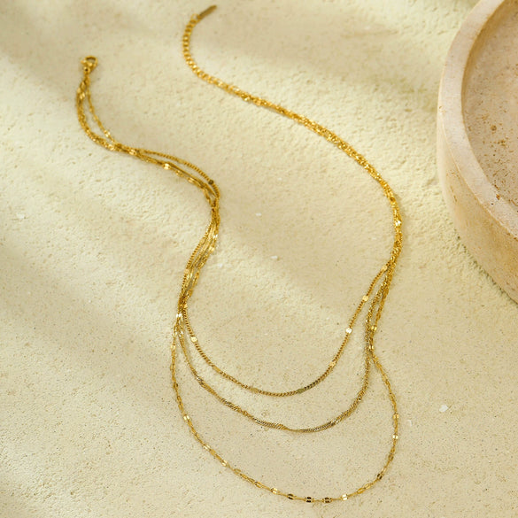 Women's Stainless Steel Geometric Style Electroplated Threelayer Plain Chain Necklace