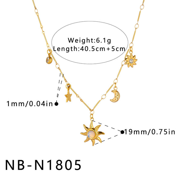 Women's Stainless Steel Geometric Sun Moon Star Necklace With Cat's Eye Stone Zircon And Rhinestone Accents 18K Vacuum Plated Light Luxury Jewelry