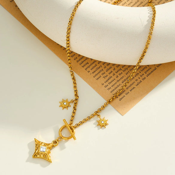 Women's Stainless Steel Geometric Sun Pendant Necklace With Zircon Rhinestone Accents And 18K Vacuum Plated Finish