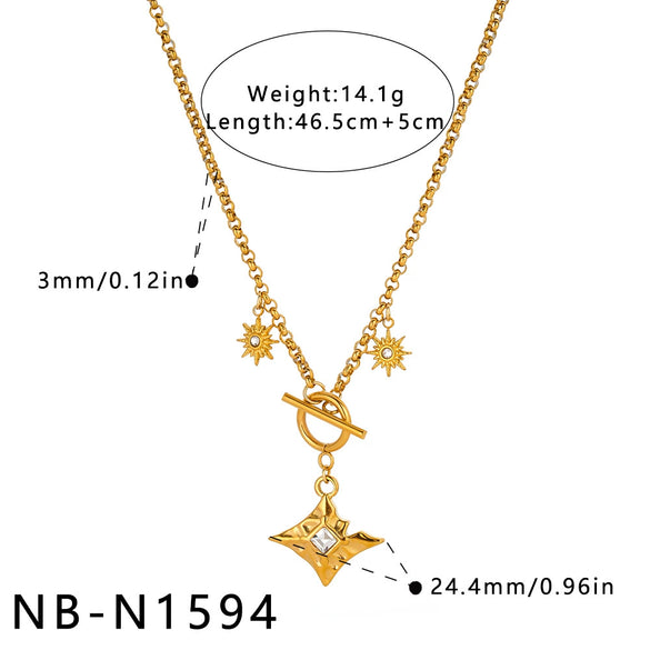 Women's Stainless Steel Geometric Sun Pendant Necklace With Zircon Rhinestone Accents And 18K Vacuum Plated Finish