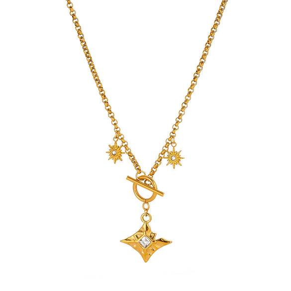 Women's Stainless Steel Geometric Sun Pendant Necklace With Zircon Rhinestone Accents And 18K Vacuum Plated Finish