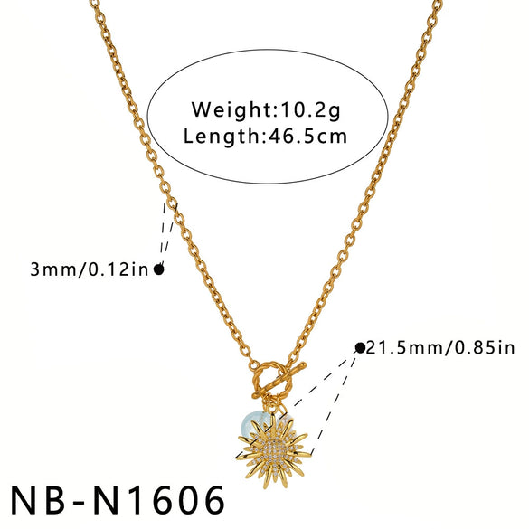 Women's Stainless Steel Geometric Sun Pendant Necklace With Zircon Rhinestone And Pearl Accents 18K Vacuum Plated Regular Chain