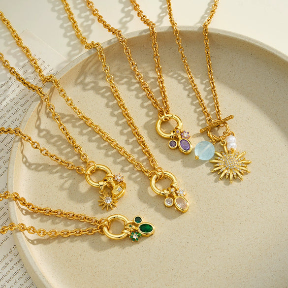 Women's Stainless Steel Geometric Sun Pendant Necklace With Zircon Rhinestone And Pearl Accents 18K Vacuum Plated Regular Chain