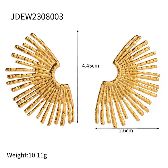 Women's Stainless Steel Geometric Sunburst Fan Shaped Stud Earrings With Titanium Steel Posts And Pvd Vacuum Gold Plated Finish