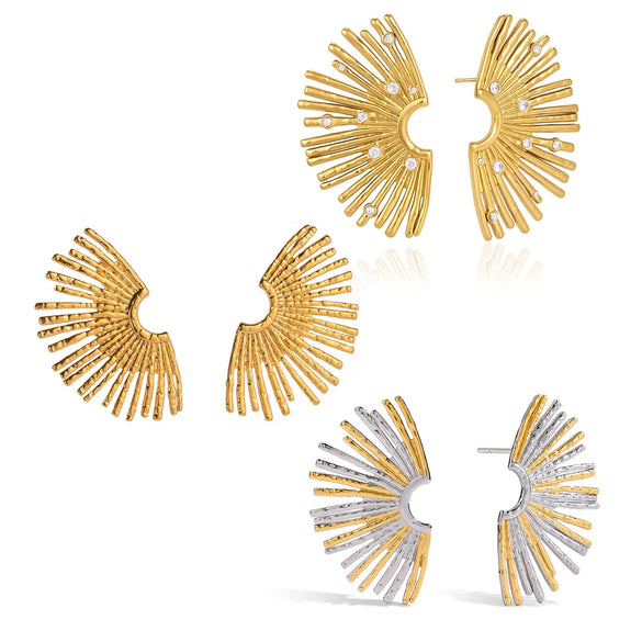 Women's Stainless Steel Geometric Sunburst Fan Shaped Stud Earrings With Titanium Steel Posts And Pvd Vacuum Gold Plated Finish