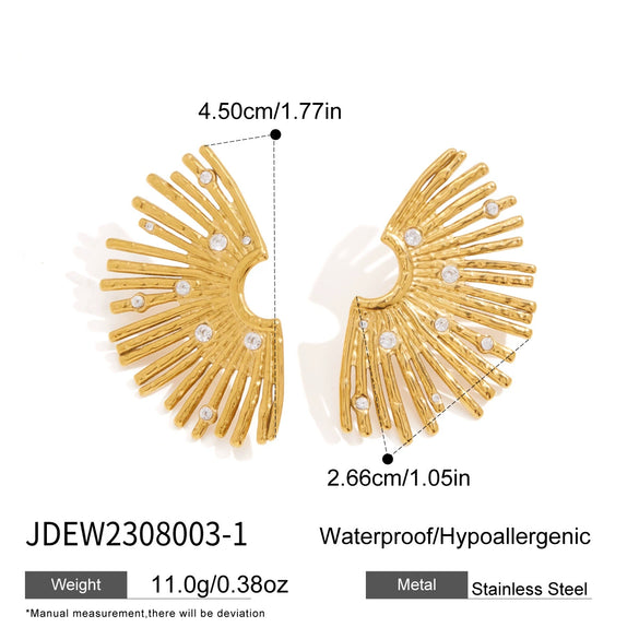 Women's Stainless Steel Geometric Sunburst Fan Shaped Stud Earrings With Titanium Steel Posts And Pvd Vacuum Gold Plated Finish