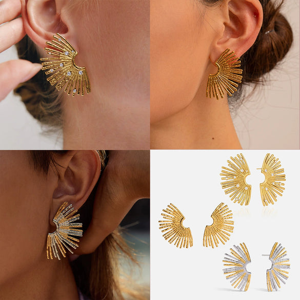 Women's Stainless Steel Geometric Sunburst Fan Shaped Stud Earrings With Titanium Steel Posts And Pvd Vacuum Gold Plated Finish
