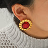 Women's Stainless Steel Geometric Sunflower Earrings With Obsidian And Ruby Inlay Electroplated Ins Style Fashion Jewelry