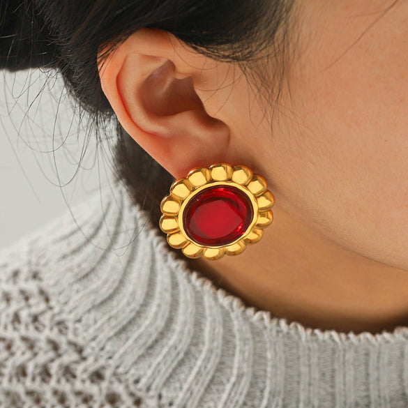 Women's Stainless Steel Geometric Sunflower Earrings With Obsidian And Ruby Inlay Electroplated Ins Style Fashion Jewelry