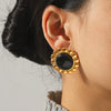 Women's Stainless Steel Geometric Sunflower Earrings With Obsidian And Ruby Inlay Electroplated Ins Style Fashion Jewelry