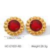 Women's Stainless Steel Geometric Sunflower Earrings With Obsidian And Ruby Inlay Electroplated Ins Style Fashion Jewelry