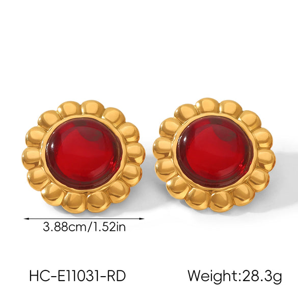 Women's Stainless Steel Geometric Sunflower Earrings With Obsidian And Ruby Inlay Electroplated Ins Style Fashion Jewelry