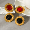 Women's Stainless Steel Geometric Sunflower Earrings With Obsidian And Ruby Inlay Electroplated Ins Style Fashion Jewelry